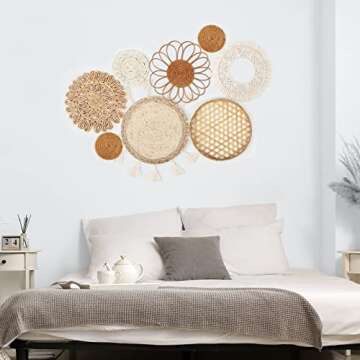 Set of 8 Boho Wall Basket Decor Flat Woven Basket Wall Decor Set Rattan Wall Decor Round Bamboo Hanging Wall Basket Macrame Tassels Wall Tapestry Boho Basket Wall Art for Bedroom Living Room Nursery