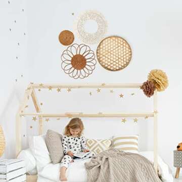 Set of 8 Boho Wall Basket Decor Flat Woven Basket Wall Decor Set Rattan Wall Decor Round Bamboo Hanging Wall Basket Macrame Tassels Wall Tapestry Boho Basket Wall Art for Bedroom Living Room Nursery