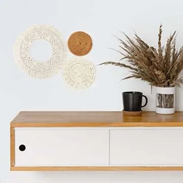 Set of 8 Boho Wall Basket Decor Flat Woven Basket Wall Decor Set Rattan Wall Decor Round Bamboo Hanging Wall Basket Macrame Tassels Wall Tapestry Boho Basket Wall Art for Bedroom Living Room Nursery