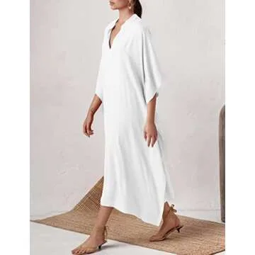 Bsubseach Women Kaftan Dresses Caftan Loungewear Maxi Dress Swimsuit Cover Up Beachwear White
