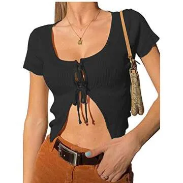 LYANER Women's Tie Open Front Ribbed Knit Short Sleeve Crop Tee Shirt Blouse Top Black Medium