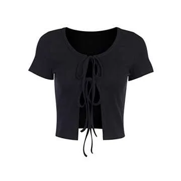LYANER Women's Tie Open Front Ribbed Knit Short Sleeve Crop Tee Shirt Blouse Top Black Medium