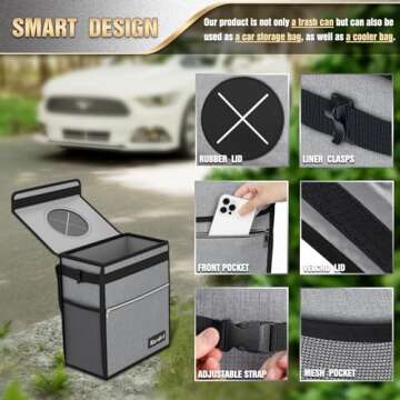 K KNODEL Car Trash Can with Lid, Leak-Proof Car Garbage Can with Storage Pockets, Waterproof Auto Garbage Bag Hanging for Headrest (Large, Gray)