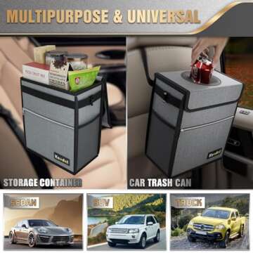 K KNODEL Car Trash Can with Lid, Leak-Proof Car Garbage Can with Storage Pockets, Waterproof Auto Garbage Bag Hanging for Headrest (Large, Gray)