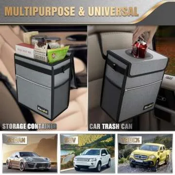 K KNODEL Car Trash Can with Lid, Leak-Proof Car Garbage Can with Storage Pockets, Waterproof Auto Garbage Bag Hanging for Headrest (Large, Gray)