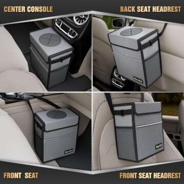K KNODEL Car Trash Can with Lid, Leak-Proof Car Garbage Can with Storage Pockets, Waterproof Auto Garbage Bag Hanging for Headrest (Large, Gray)