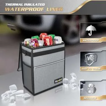 K KNODEL Car Trash Can with Lid, Leak-Proof Car Garbage Can with Storage Pockets, Waterproof Auto Garbage Bag Hanging for Headrest (Large, Gray)