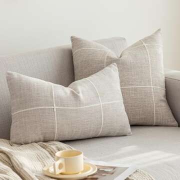 vctops Rustic Lattice Cotton Linen Decorative Throw Pillow Cover Embroidery Square Cushion Cover Pillowcase for Sofa Bedroom Couch (Plaid Coffee, 18"x18")