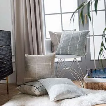 vctops Rustic Lattice Cotton Linen Decorative Throw Pillow Cover Embroidery Square Cushion Cover Pillowcase for Sofa Bedroom Couch (Plaid Coffee, 18"x18")