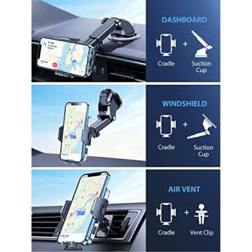 VICSEED Phone Mount for Car [𝗦𝘁𝗿𝗼𝗻𝗴 𝗦𝘂𝗰𝘁𝗶𝗼𝗻][𝗟𝗼𝗻𝗴 𝗔𝗿𝗺] Super Stable Car Phone Holder Mount for All Phones with Thick Cases 3 in 1 Universal Cell Phone Holder Mount
