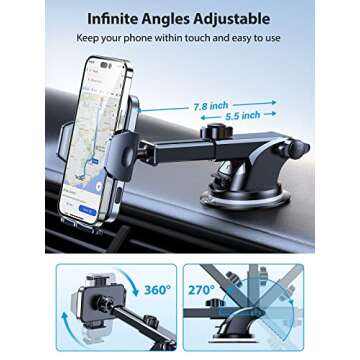 VICSEED Phone Mount for Car [𝗦𝘁𝗿𝗼𝗻𝗴 𝗦𝘂𝗰𝘁𝗶𝗼𝗻][𝗟𝗼𝗻𝗴 𝗔𝗿𝗺] Super Stable Car Phone Holder Mount for All Phones with Thick Cases 3 in 1 Universal Cell Phone Holder Mount