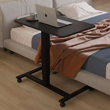 bilbil Pneumatic Mobile Desk, Gas-Spring Height Adjustable Sit to Stand Desk, Overbed Laptop Table C...
