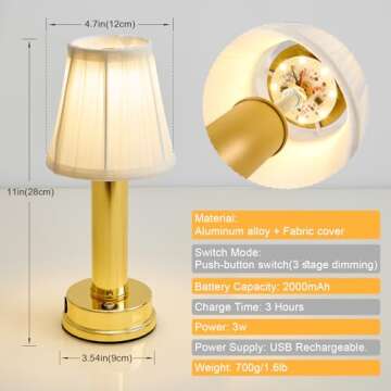 eypid 3W LED Cordless Lamp,2000mAh Battery Operated Lamp,3 Level Brightness Gold Table Lamp,Recharge...