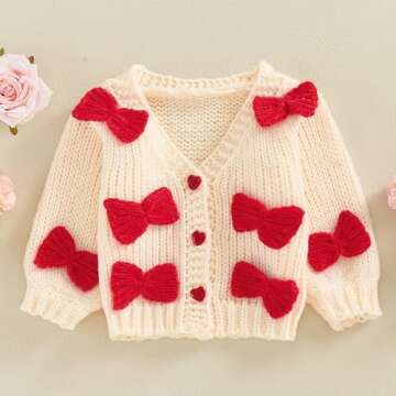 Toddler Baby Girl Fall Winter Clothes Knit Sweater Cardigan V Neck Button Down Chunky Bow Sweater Ja...