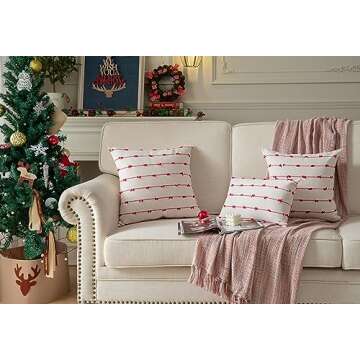 Caflife Boho Christmas Throw Pillow Covers 18x18 inches Beige and Red, Set of 2 Modern Farmhouse Holiday Decorative Pillow Covers for Couch Sofa Bed, Living Room