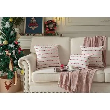 Caflife Boho Christmas Throw Pillow Covers 18x18 inches Beige and Red, Set of 2 Modern Farmhouse Holiday Decorative Pillow Covers for Couch Sofa Bed, Living Room
