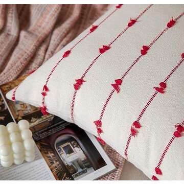 Caflife Boho Christmas Throw Pillow Covers 18x18 inches Beige and Red, Set of 2 Modern Farmhouse Holiday Decorative Pillow Covers for Couch Sofa Bed, Living Room