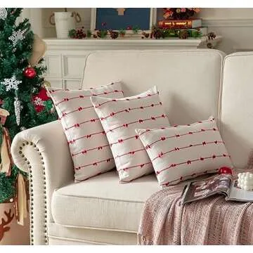 Caflife Boho Christmas Throw Pillow Covers 18x18 inches Beige and Red, Set of 2 Modern Farmhouse Holiday Decorative Pillow Covers for Couch Sofa Bed, Living Room
