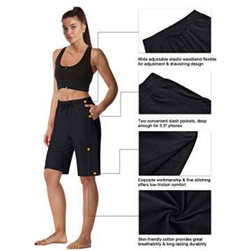 ChinFun Women's Yoga Bermuda Shorts Athletic Lounge Cotton Sweat Shorts 10" Long Shorts Workout Running Shorts Black L