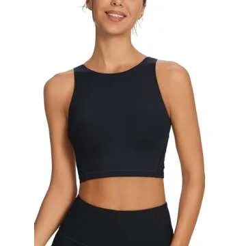 BALEAF Nuleaf High Neck Longline Sports Bra for Women U Back Workout Tank Top Padeed Yoga Crop Tops Black S