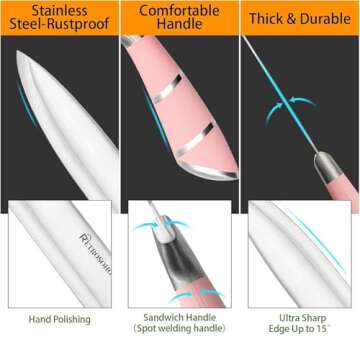 Kitchen Knife Set, Retrosohoo 9-Pieces Pink Sharp Non-Stick Coated Chef Knives Block Set,Stainless Steel Knife Set for Kitchen with Sharpener for Cutting Slicing Dicing Chopping (Pink)