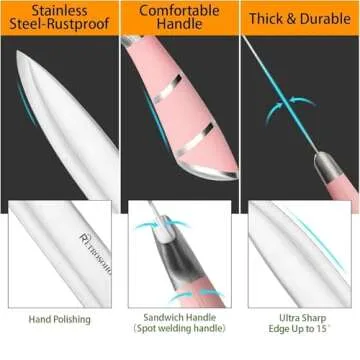 Kitchen Knife Set, Retrosohoo 9-Pieces Pink Sharp Non-Stick Coated Chef Knives Block Set,Stainless Steel Knife Set for Kitchen with Sharpener for Cutting Slicing Dicing Chopping (Pink)