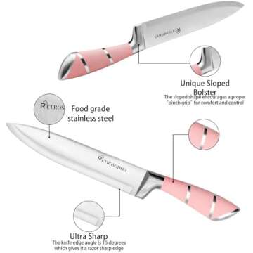 Kitchen Knife Set, Retrosohoo 9-Pieces Pink Sharp Non-Stick Coated Chef Knives Block Set,Stainless Steel Knife Set for Kitchen with Sharpener for Cutting Slicing Dicing Chopping (Pink)