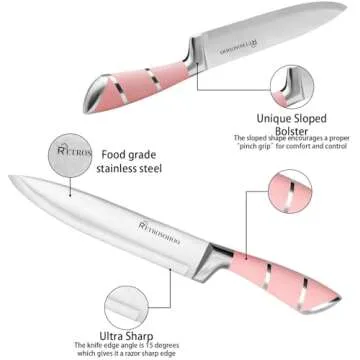 Kitchen Knife Set, Retrosohoo 9-Pieces Pink Sharp Non-Stick Coated Chef Knives Block Set,Stainless Steel Knife Set for Kitchen with Sharpener for Cutting Slicing Dicing Chopping (Pink)
