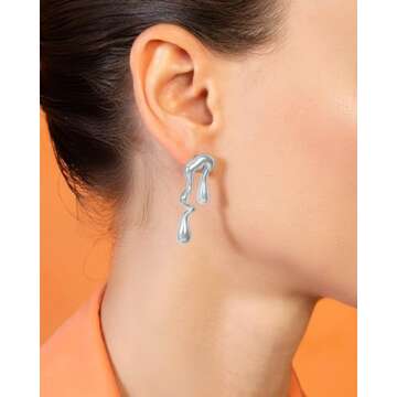 Asymmetrical Earrings, Dripping Mismatched Melting Liquid Dangle Drop Earrings, 18K Gold Plated Stainless Steel Gift for Women (Silver)