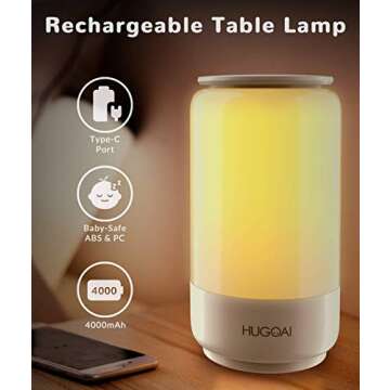 HUGOAI Cordless Table Lamps for Bedrooms, Rechargeable Lamps for Bedroom, Dimmable Bedside Lamp Battery Operated, Night Lights with Shades of White Lights and Vibrant RGB Colors, Pink