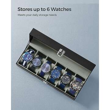SONGMICS Watch Box, 6-Slot Watch Case with Large Glass Lid, Removable Watch Pillows, Watch Box Organizer, Gift for Loved Ones, Black Synthetic Leather, Gray Lining UJWB06BK