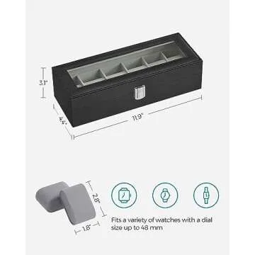 SONGMICS Watch Box, 6-Slot Watch Case with Large Glass Lid, Removable Watch Pillows, Watch Box Organizer, Gift for Loved Ones, Black Synthetic Leather, Gray Lining UJWB06BK
