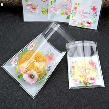 NF Orange 200 Pieces Self Adhesive Cookie Bags Candy Bags Party Favor Bags Treat Bags gift bag (flower)