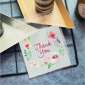 NF Orange 200 Pieces Self Adhesive Cookie Bags Candy Bags Party Favor Bags Treat Bags gift bag (flower)