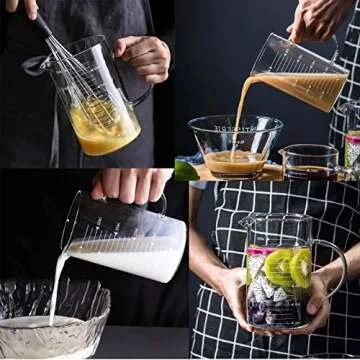 1L Glass Measuring Cups Jugs with Lid Large Measuring Pitcher Beaker Measured Mug Measure Liquid Milk Glass Cup Clear Scale with Spout& Insulated Handle,for Hot/Cold Fluid