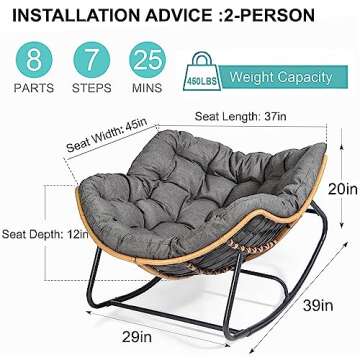 SWITTE Outdoor Rocking Chair, Patio Egg Rocking Chair, Indoor Papasan Chair, Rattan Wicker Lounge Chair, Modern Royal Chair for Bedroom, Living Room, Porch, Garden, Lawn-Dark Grey