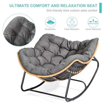 SWITTE Outdoor Rocking Chair, Patio Egg Rocking Chair, Indoor Papasan Chair, Rattan Wicker Lounge Chair, Modern Royal Chair for Bedroom, Living Room, Porch, Garden, Lawn-Dark Grey