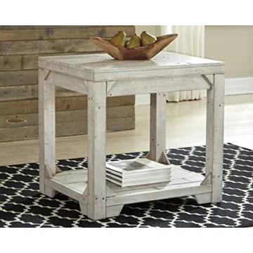 Ashley Fregine End Table with Shelf, Weathered White Finish