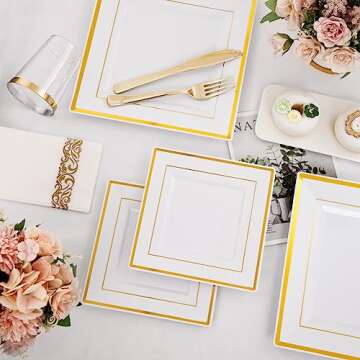 I00000 150PCS Gold plastic dinnerware set,White Gold Square Plates, Disposable Square Gold Plates Includes 25 Dinner Plates 25Dessert Plates 25Cups 25Plastic Cutlery for Christmas Party