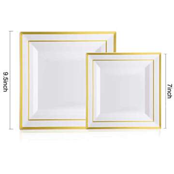 I00000 150PCS Gold plastic dinnerware set,White Gold Square Plates, Disposable Square Gold Plates Includes 25 Dinner Plates 25Dessert Plates 25Cups 25Plastic Cutlery for Christmas Party