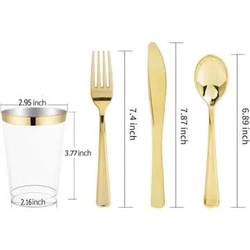 I00000 150PCS Gold plastic dinnerware set,White Gold Square Plates, Disposable Square Gold Plates Includes 25 Dinner Plates 25Dessert Plates 25Cups 25Plastic Cutlery for Christmas Party