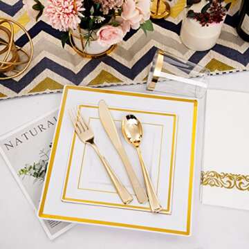 I00000 150PCS Gold plastic dinnerware set,White Gold Square Plates, Disposable Square Gold Plates Includes 25 Dinner Plates 25Dessert Plates 25Cups 25Plastic Cutlery for Christmas Party