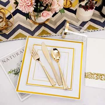 I00000 150PCS Gold plastic dinnerware set,White Gold Square Plates, Disposable Square Gold Plates Includes 25 Dinner Plates 25Dessert Plates 25Cups 25Plastic Cutlery for Christmas Party