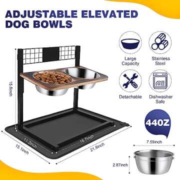 Ciconira Metal Elevated Dog Bowls with Slow Feeder & Spillproof Mat, 8°Tilted Raised Dog Bowl Stand with Two 1.3L Stainless Steel Food Water Bowls,4 Height Adjustable for Large Medium, Small Dogs