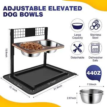Ciconira Metal Elevated Dog Bowls with Slow Feeder & Spillproof Mat, 8°Tilted Raised Dog Bowl Stand with Two 1.3L Stainless Steel Food Water Bowls,4 Height Adjustable for Large Medium, Small Dogs