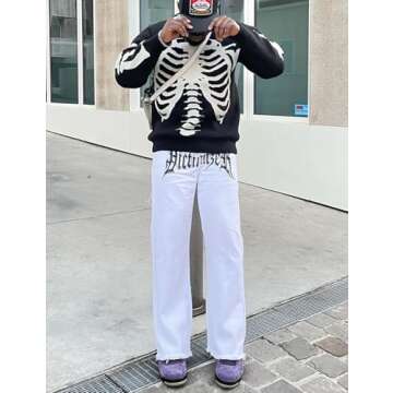 Yimoon Men Sweaters Oversized Graphic Casual Cable Knitted Jumper Pullover Cute Unisex Crewneck Retro Couple Tops (B-Black-XL)