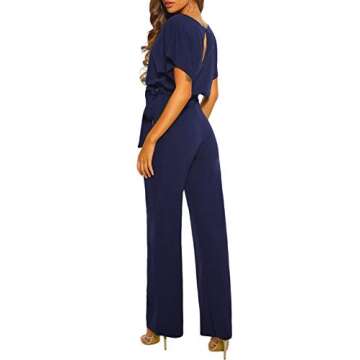 Dokotoo Womens Casual Loose Short Sleeve Belted Wide Leg Playsuits Summer Jumpsuits and Rompers Large Navy Blue