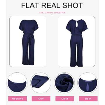 Dokotoo Womens Casual Loose Short Sleeve Belted Wide Leg Playsuits Summer Jumpsuits and Rompers Large Navy Blue