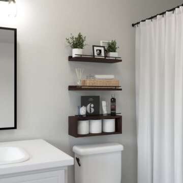 WOPITUES Floating Shelves for Wall with Cube Shelf, Wall Shelves with Metal Rail for Bathroom Decor, Bathroom Organizers and Storage, Over Toilet Bathroom Shelves for Bathroom, Toilet Paper-Brown