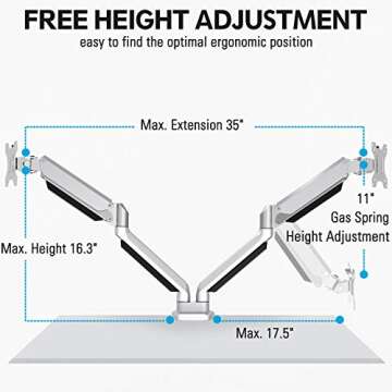 MOUNTUP Dual Monitor Desk Mount, Die-Cast Aluminum Fully Adjustable Double Monitor Arm with Gas Spring, Computer Monitor Stand Fits 2 Screen 17 to 32 inch - Each Arm Holds up to 17.6LBS, MU0024